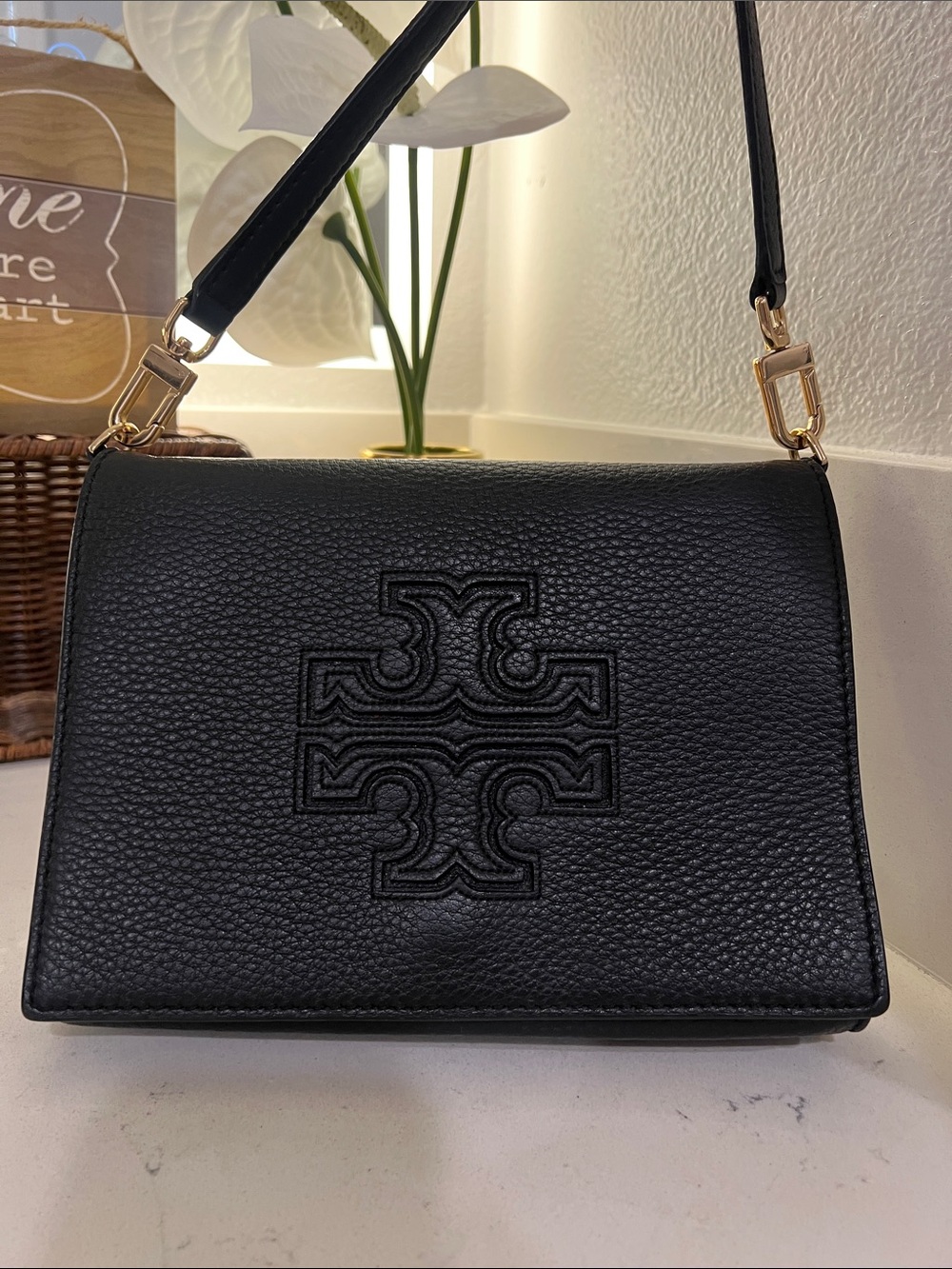 Tory Burch Black Pebbled Leather Logo Shoulder Bag with Gold Hardware